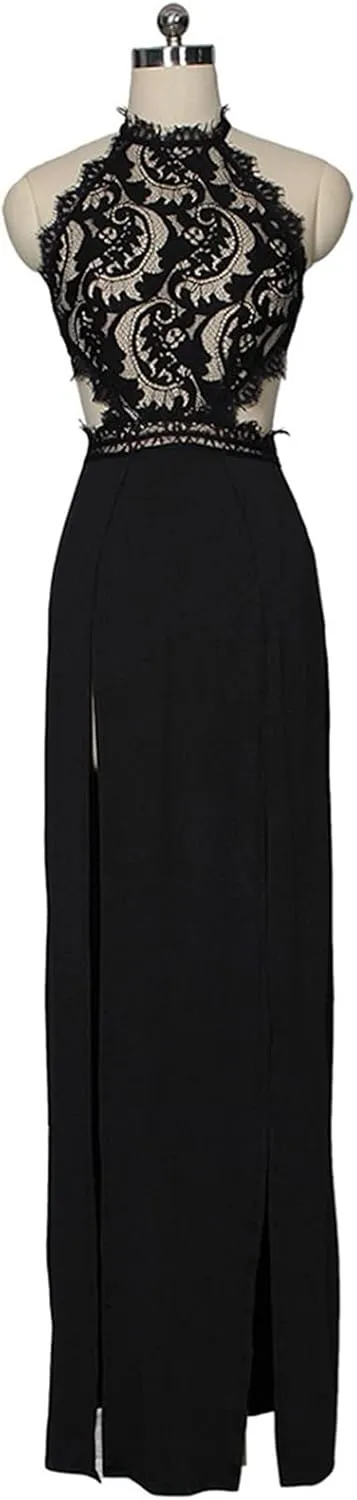 See Through Maxi Dress for Womens Floral Mesh Lace Halter Summer Dresses Backless High Split Evening Party Long Dress