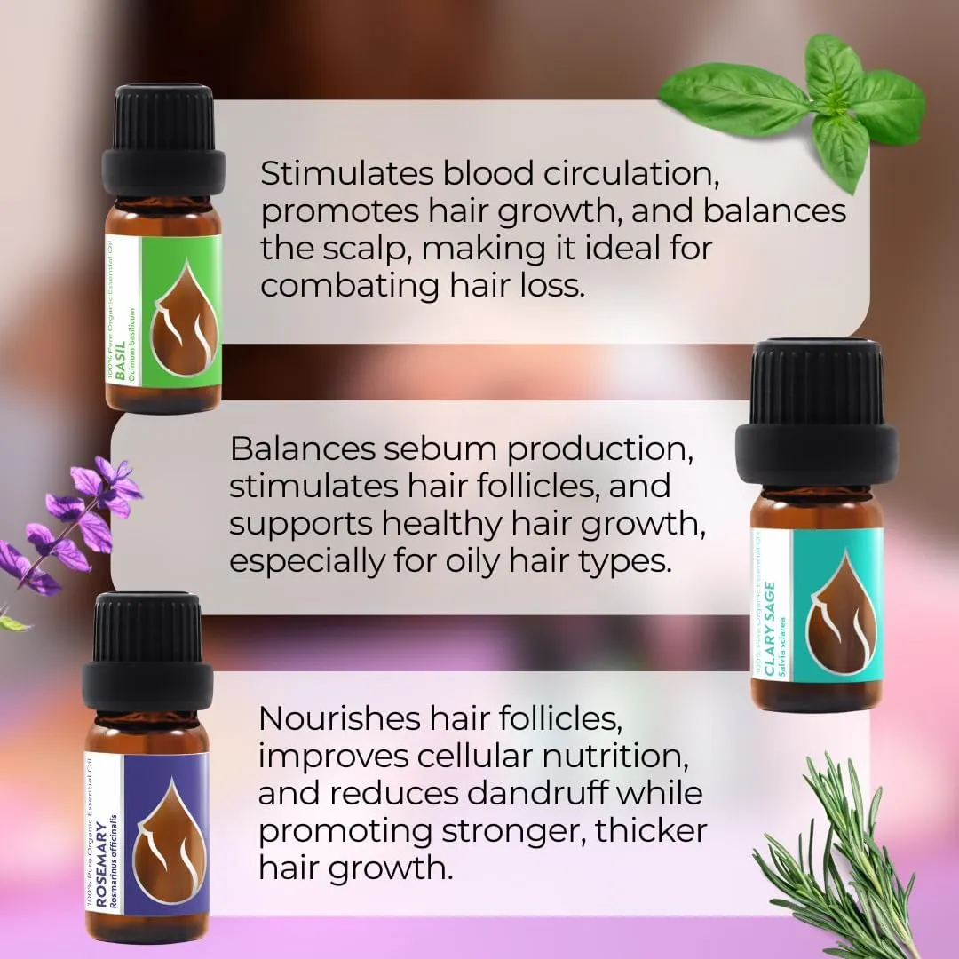 Set Hair Repair Organic Essential Oils | Basil (10ml)   Rosemary (10ml)   Clary Sage (5ml) | 100% Pure and Natural | Undiluted | Therapeutic Grade | Family-Owned Farm | Non-GMO | 3pcs
