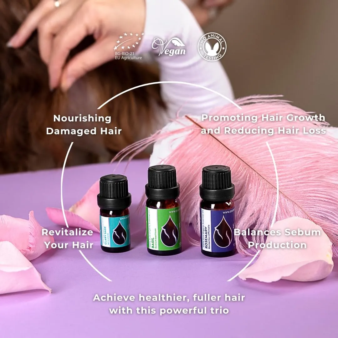 Set Hair Repair Organic Essential Oils | Basil (10ml)   Rosemary (10ml)   Clary Sage (5ml) | 100% Pure and Natural | Undiluted | Therapeutic Grade | Family-Owned Farm | Non-GMO | 3pcs