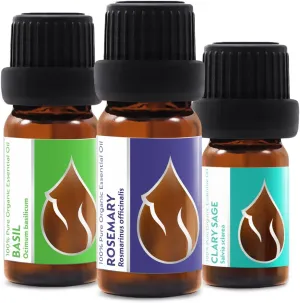 Set Hair Repair Organic Essential Oils | Basil (10ml)   Rosemary (10ml)   Clary Sage (5ml) | 100% Pure and Natural | Undiluted | Therapeutic Grade | Family-Owned Farm | Non-GMO | 3pcs