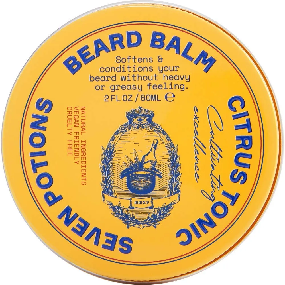 SEVEN POTIONS Beard Balm for Men - Conditioning Softener to Nourish Skin and Facial Hair, Stop Beard Itch - All-Natural, Vegan, Cruelty Free - Citrus Tonic (2 FL OZ)
