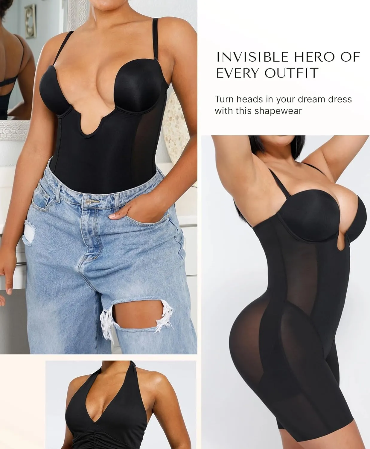 SHAPELLX Strapless Shapewear for Women Deep Plunge Corset Tummy Control Backless Bodysuit Mid Thigh Full Body Shaper