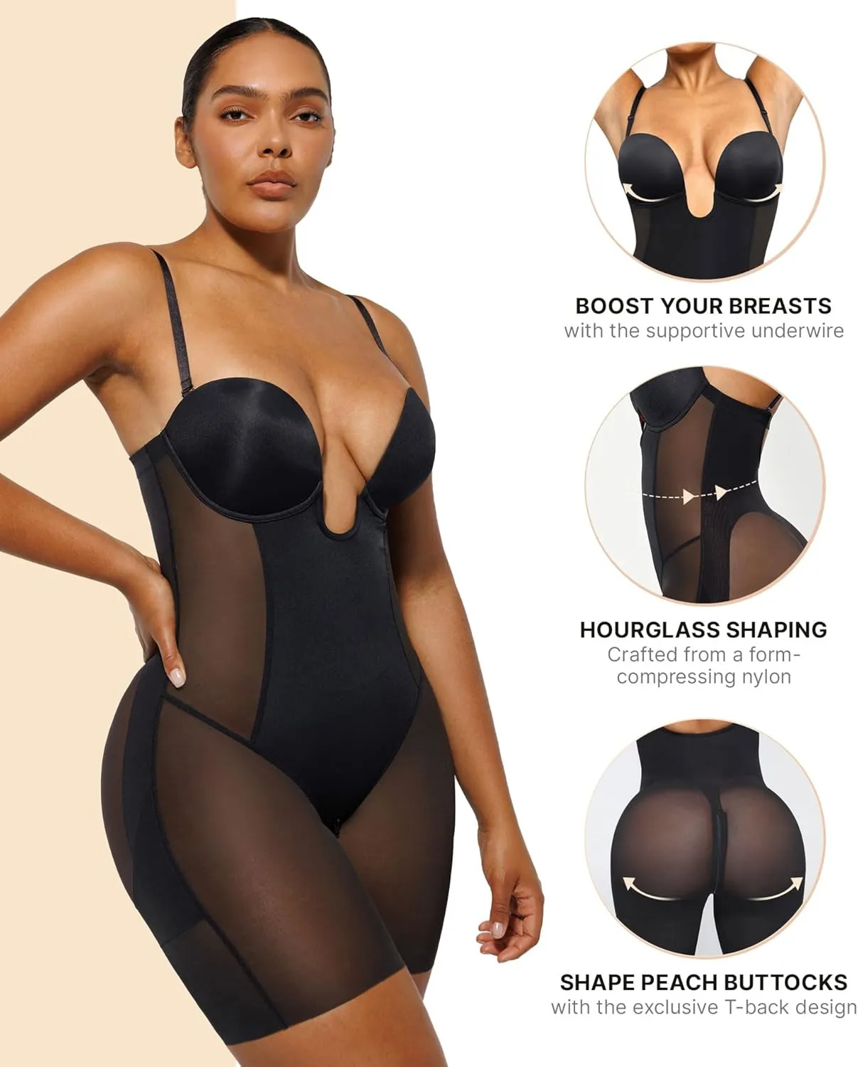 SHAPELLX Strapless Shapewear for Women Deep Plunge Corset Tummy Control Backless Bodysuit Mid Thigh Full Body Shaper