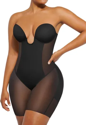 SHAPELLX Strapless Shapewear for Women Deep Plunge Corset Tummy Control Backless Bodysuit Mid Thigh Full Body Shaper