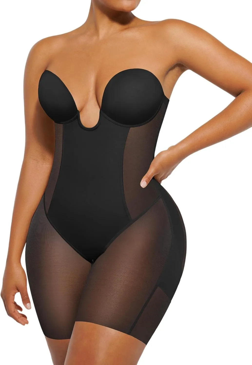 SHAPELLX Strapless Shapewear for Women Deep Plunge Corset Tummy Control Backless Bodysuit Mid Thigh Full Body Shaper