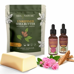 Shea Butter 2lb   Sandalwood Oil   Bulgarian Rose Oil Bundle – Pure, Organic Skincare for Ultimate Hydration, Aromatherapy, and DIY Projects