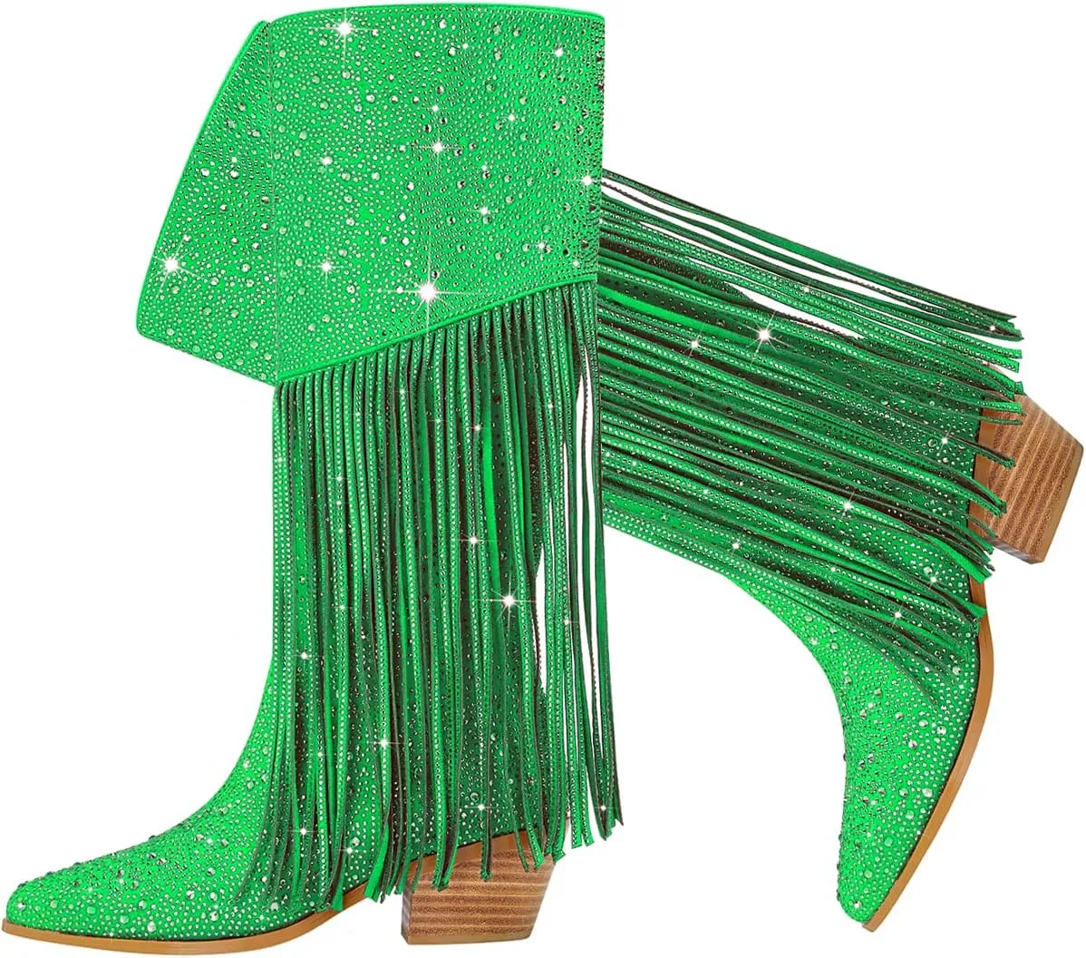 SHODENSE Fashion Rhinestone Boots Women Knee High Western Boots Fringe Low Chunky Stacked Heel Pointed Toe Mid Calf Cowboy Boots Zipper Glitter Tassel Cowgirl Boots Sparkle Dress Boot Fall 4-11 M US