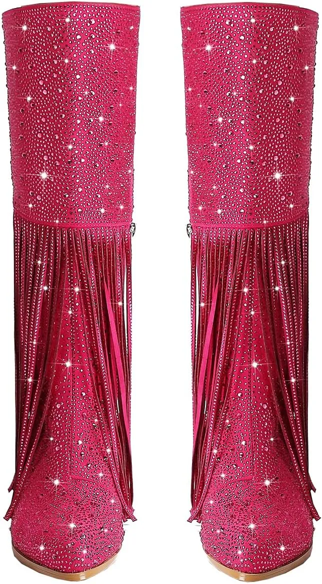 SHODENSE Fashion Rhinestone Boots Women Knee High Western Boots Fringe Low Chunky Stacked Heel Pointed Toe Mid Calf Cowboy Boots Zipper Glitter Tassel Cowgirl Boots Sparkle Dress Boot Fall 4-11 M US