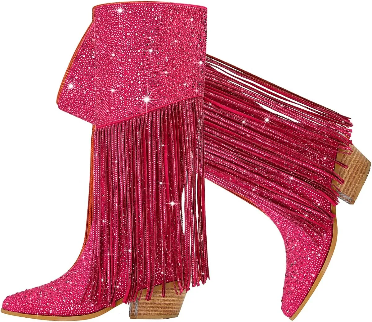 SHODENSE Fashion Rhinestone Boots Women Knee High Western Boots Fringe Low Chunky Stacked Heel Pointed Toe Mid Calf Cowboy Boots Zipper Glitter Tassel Cowgirl Boots Sparkle Dress Boot Fall 4-11 M US