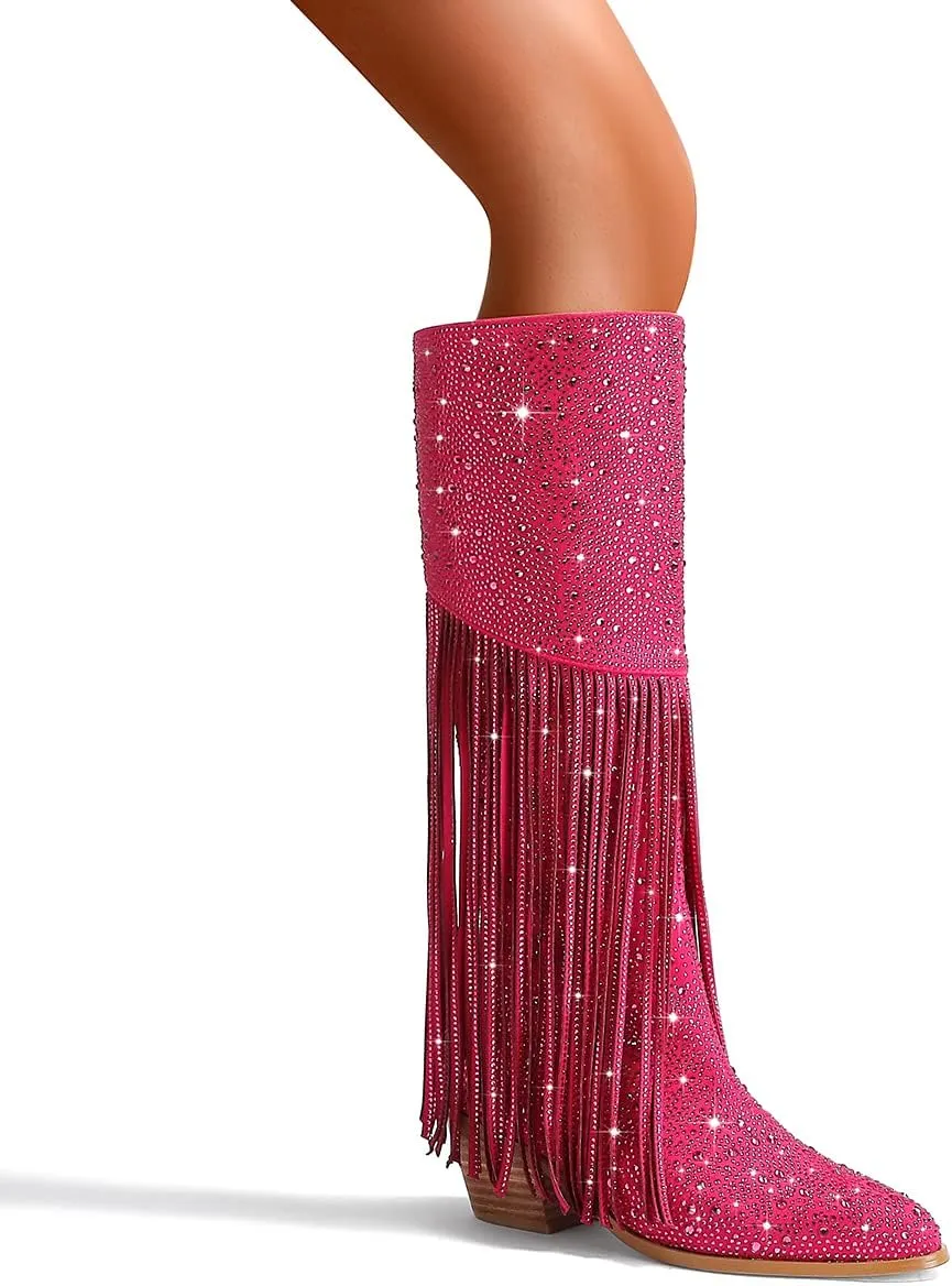 SHODENSE Fashion Rhinestone Boots Women Knee High Western Boots Fringe Low Chunky Stacked Heel Pointed Toe Mid Calf Cowboy Boots Zipper Glitter Tassel Cowgirl Boots Sparkle Dress Boot Fall 4-11 M US