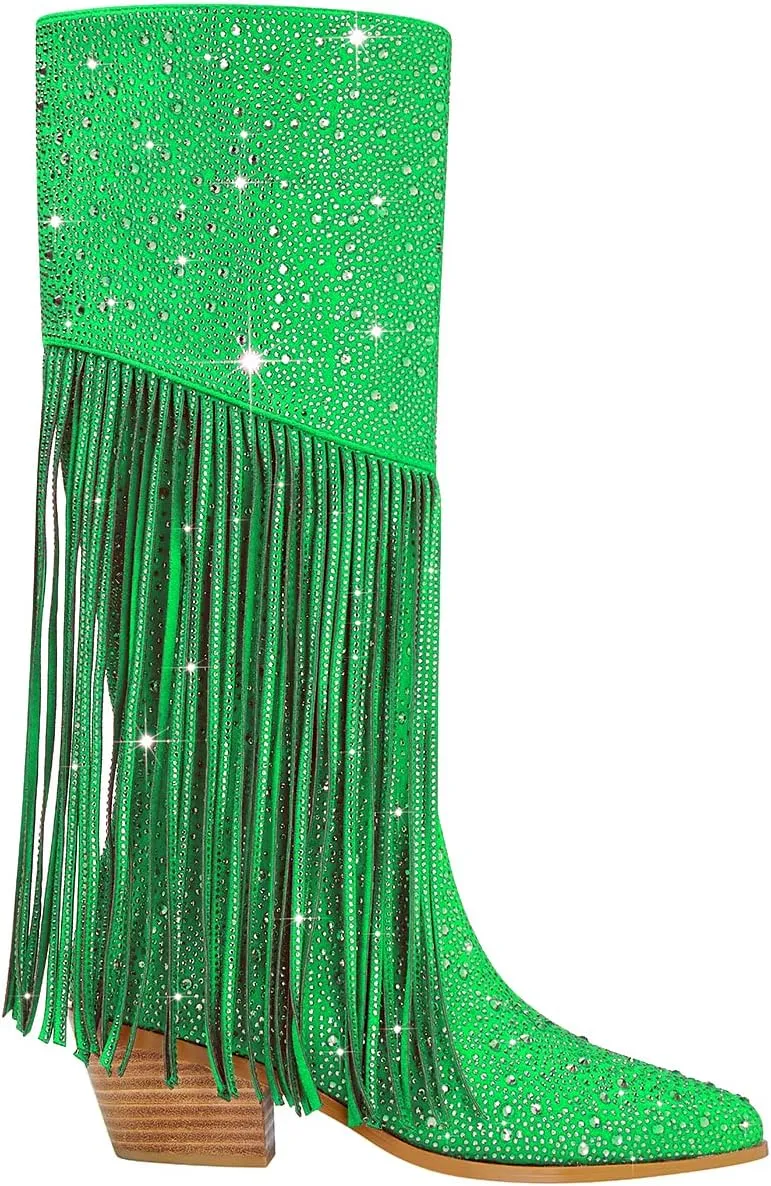 SHODENSE Fashion Rhinestone Boots Women Knee High Western Boots Fringe Low Chunky Stacked Heel Pointed Toe Mid Calf Cowboy Boots Zipper Glitter Tassel Cowgirl Boots Sparkle Dress Boot Fall 4-11 M US
