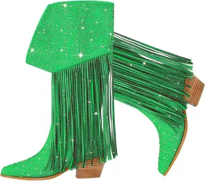 SHODENSE Fashion Rhinestone Boots Women Knee High Western Boots Fringe Low Chunky Stacked Heel Pointed Toe Mid Calf Cowboy Boots Zipper Glitter Tassel Cowgirl Boots Sparkle Dress Boot Fall 4-11 M US