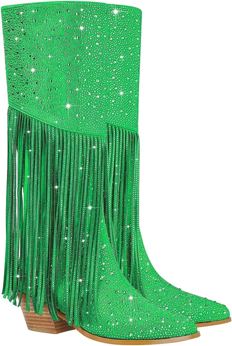 SHODENSE Fashion Rhinestone Boots Women Knee High Western Boots Fringe Low Chunky Stacked Heel Pointed Toe Mid Calf Cowboy Boots Zipper Glitter Tassel Cowgirl Boots Sparkle Dress Boot Fall 4-11 M US