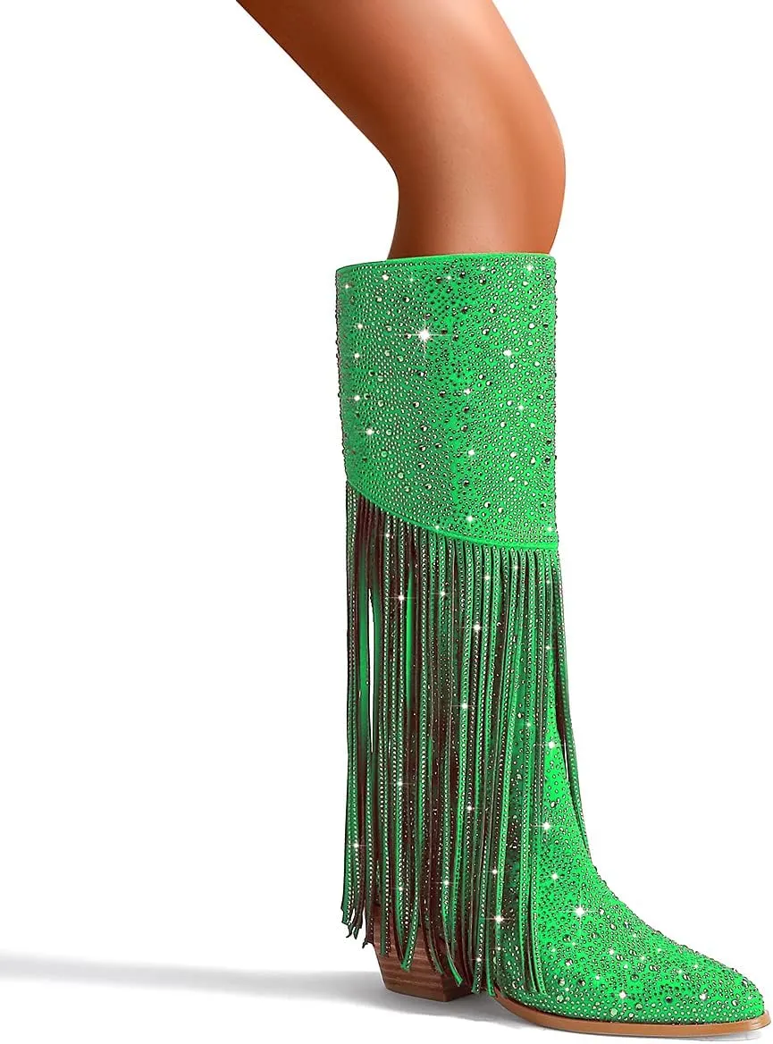 SHODENSE Fashion Rhinestone Boots Women Knee High Western Boots Fringe Low Chunky Stacked Heel Pointed Toe Mid Calf Cowboy Boots Zipper Glitter Tassel Cowgirl Boots Sparkle Dress Boot Fall 4-11 M US