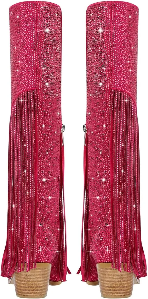 SHODENSE Fashion Rhinestone Boots Women Knee High Western Boots Fringe Low Chunky Stacked Heel Pointed Toe Mid Calf Cowboy Boots Zipper Glitter Tassel Cowgirl Boots Sparkle Dress Boot Fall 4-11 M US