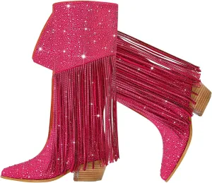 SHODENSE Fashion Rhinestone Boots Women Knee High Western Boots Fringe Low Chunky Stacked Heel Pointed Toe Mid Calf Cowboy Boots Zipper Glitter Tassel Cowgirl Boots Sparkle Dress Boot Fall 4-11 M US