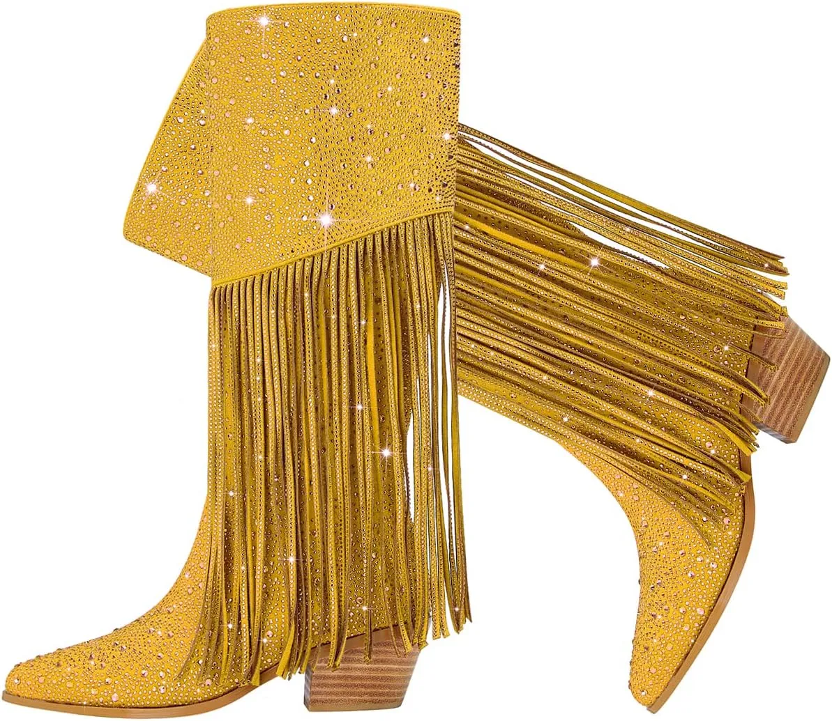 SHODENSE Fashion Rhinestone Boots Women Knee High Western Boots Fringe Low Chunky Stacked Heel Pointed Toe Mid Calf Cowboy Boots Zipper Glitter Tassel Cowgirl Boots Sparkle Dress Boot Fall 4-11 M US