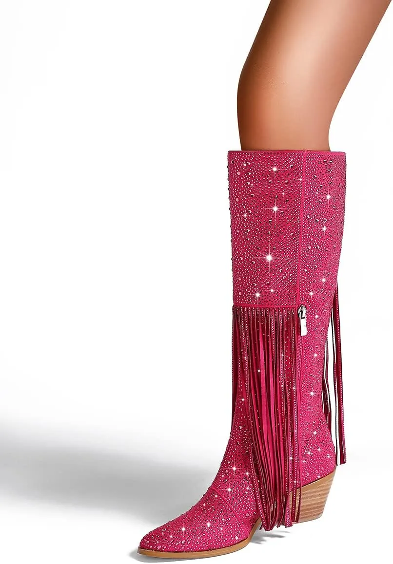 SHODENSE Fashion Rhinestone Boots Women Knee High Western Boots Fringe Low Chunky Stacked Heel Pointed Toe Mid Calf Cowboy Boots Zipper Glitter Tassel Cowgirl Boots Sparkle Dress Boot Fall 4-11 M US