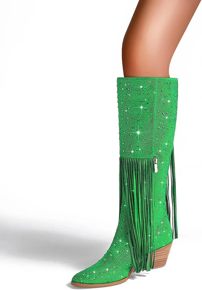 SHODENSE Fashion Rhinestone Boots Women Knee High Western Boots Fringe Low Chunky Stacked Heel Pointed Toe Mid Calf Cowboy Boots Zipper Glitter Tassel Cowgirl Boots Sparkle Dress Boot Fall 4-11 M US