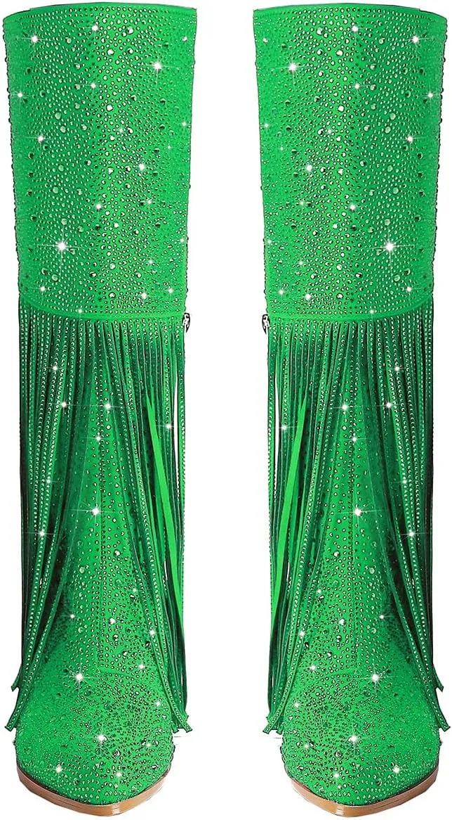 SHODENSE Fashion Rhinestone Boots Women Knee High Western Boots Fringe Low Chunky Stacked Heel Pointed Toe Mid Calf Cowboy Boots Zipper Glitter Tassel Cowgirl Boots Sparkle Dress Boot Fall 4-11 M US