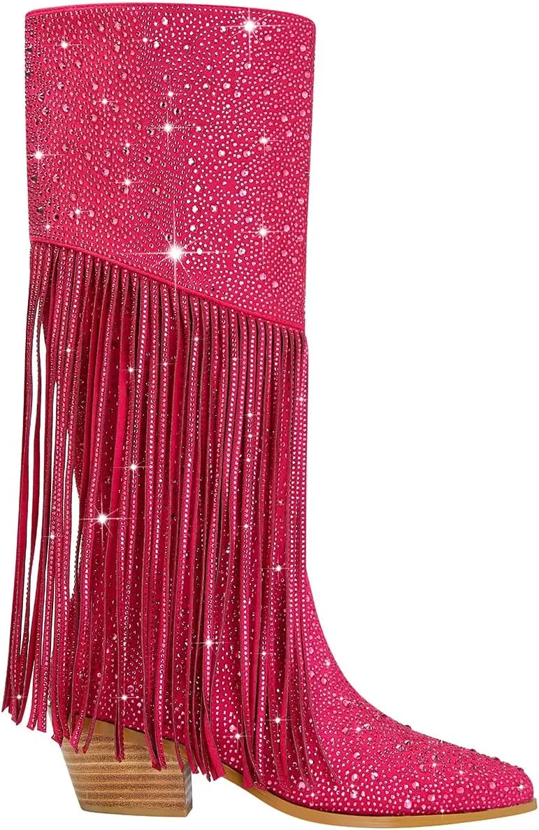 SHODENSE Fashion Rhinestone Boots Women Knee High Western Boots Fringe Low Chunky Stacked Heel Pointed Toe Mid Calf Cowboy Boots Zipper Glitter Tassel Cowgirl Boots Sparkle Dress Boot Fall 4-11 M US