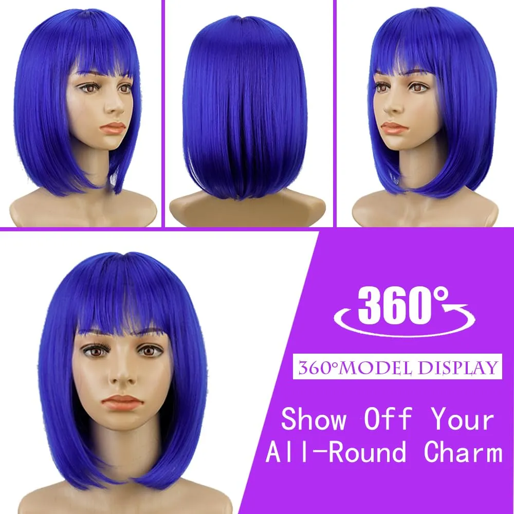 Short Blue Bob Wig With Bangs -12 Inch Natural Fashion Bob Wigs for Women, Cute Colored Synthetic Wig for Daily Party Halloween (Blue)
