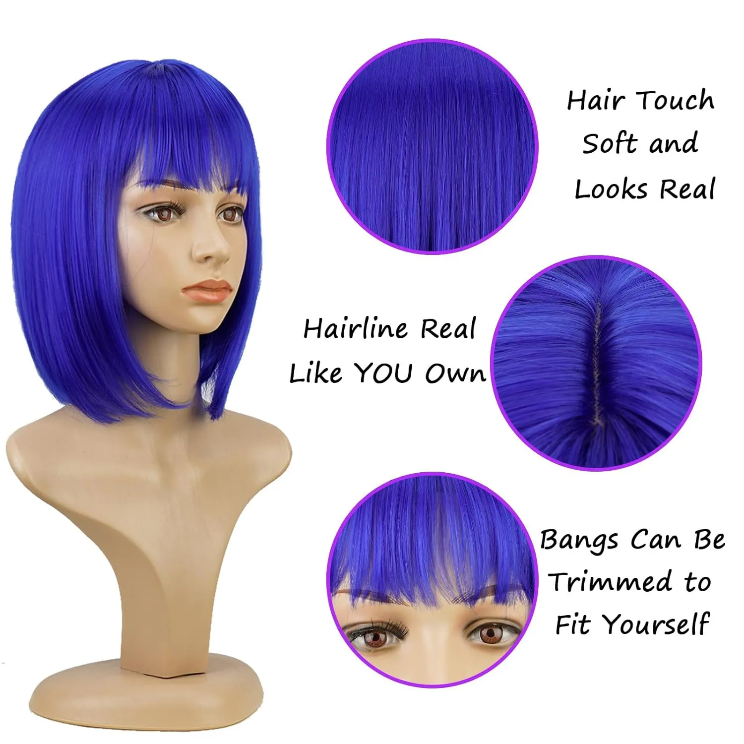 Short Blue Bob Wig With Bangs -12 Inch Natural Fashion Bob Wigs for Women, Cute Colored Synthetic Wig for Daily Party Halloween (Blue)
