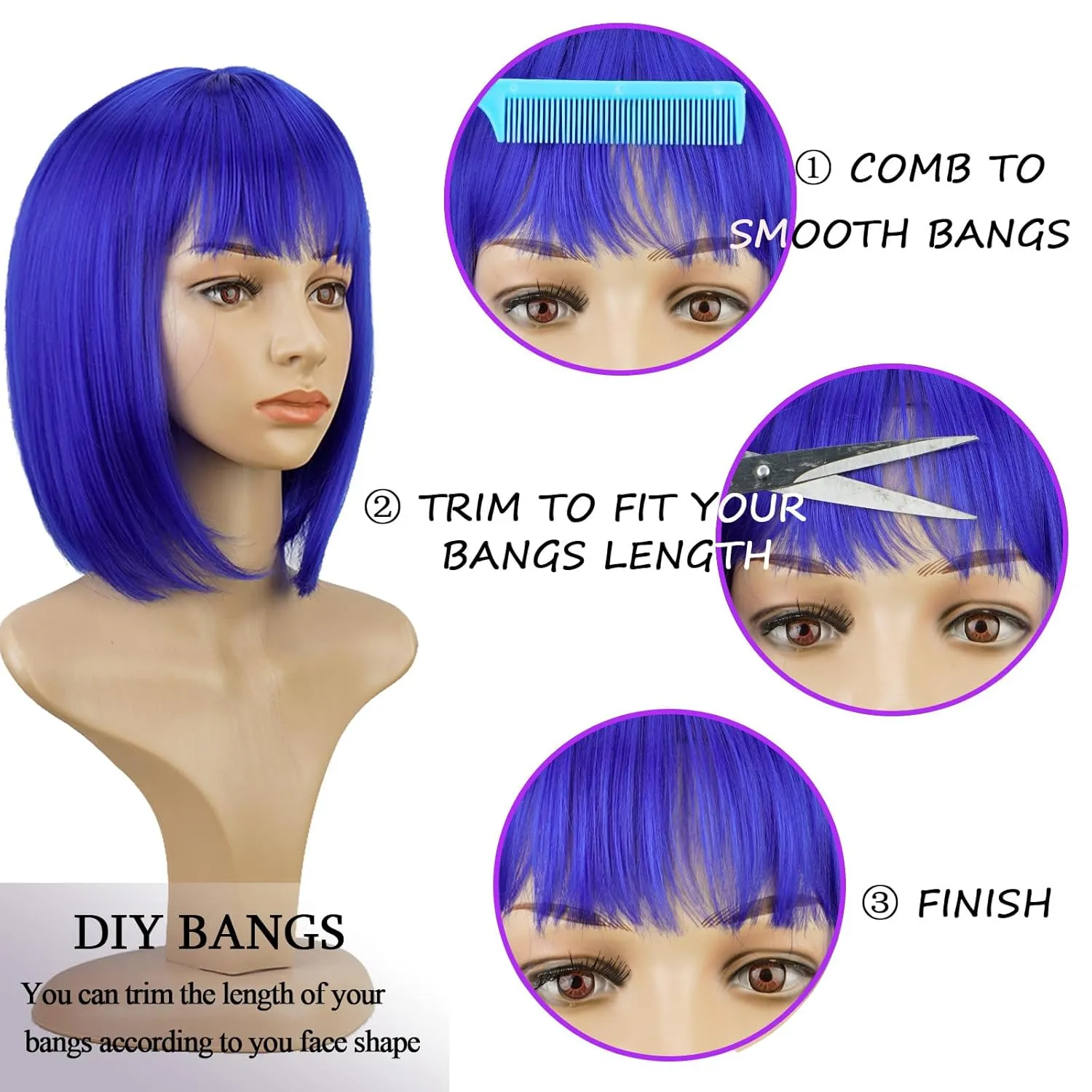 Short Blue Bob Wig With Bangs -12 Inch Natural Fashion Bob Wigs for Women, Cute Colored Synthetic Wig for Daily Party Halloween (Blue)
