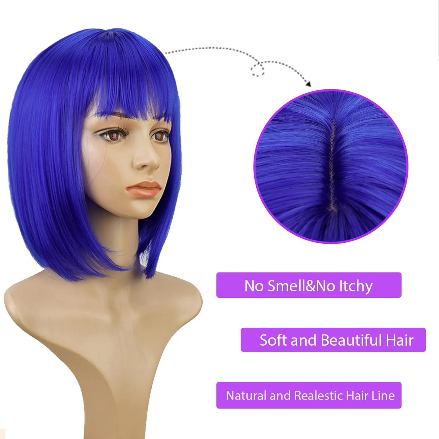 Short Blue Bob Wig With Bangs -12 Inch Natural Fashion Bob Wigs for Women, Cute Colored Synthetic Wig for Daily Party Halloween (Blue)