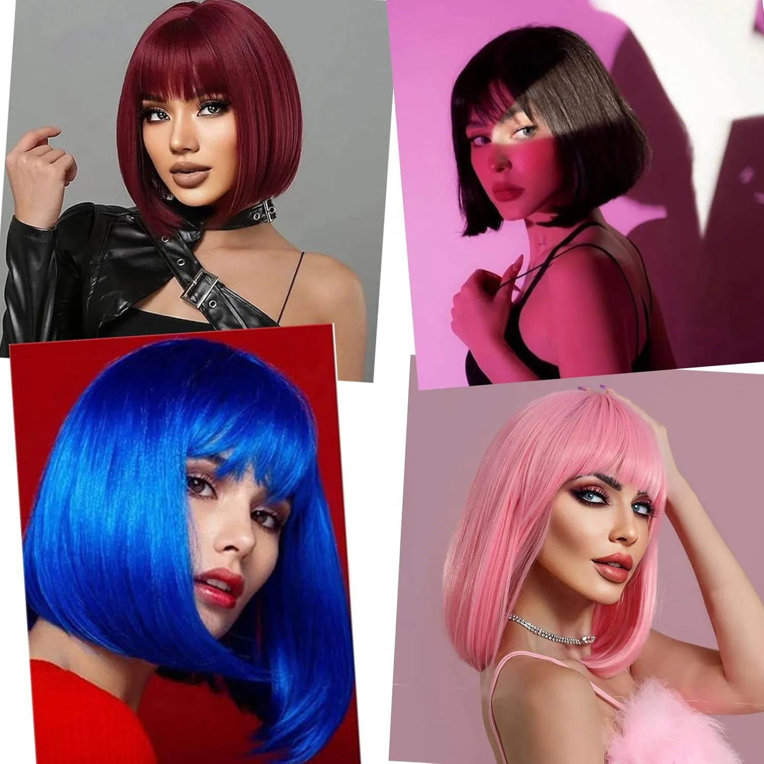 Short Blue Bob Wig With Bangs -12 Inch Natural Fashion Bob Wigs for Women, Cute Colored Synthetic Wig for Daily Party Halloween (Blue)