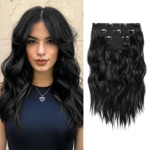 Short Clip in Hair Extensions, 14" Beach Wave Black Hairpiece - 4PCS Natural Soft Synthetic Hair