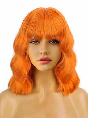 Short Bob Wigs Wavy Wig With Bangs for Women Short Orange Wigs Curly Wavy Bob Synthetic Cosplay Wig for Girls Daily Use Colorful Wigs