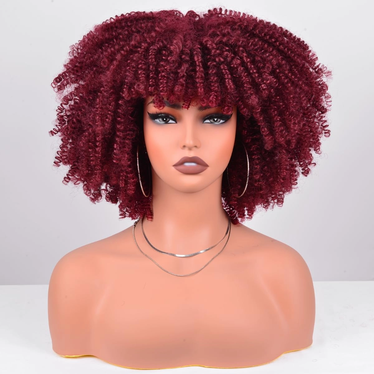 Short Kinky Curly Wigs for Black Women 12 Inches 280g/Piece Curly Afro Wig with Bangs Bouncy Fluffy Synthetic Wig (Burgundy)