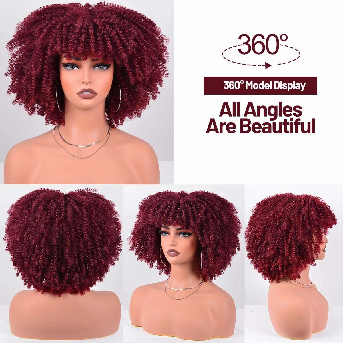Short Kinky Curly Wigs for Black Women 12 Inches 280g/Piece Curly Afro Wig with Bangs Bouncy Fluffy Synthetic Wig (Burgundy)