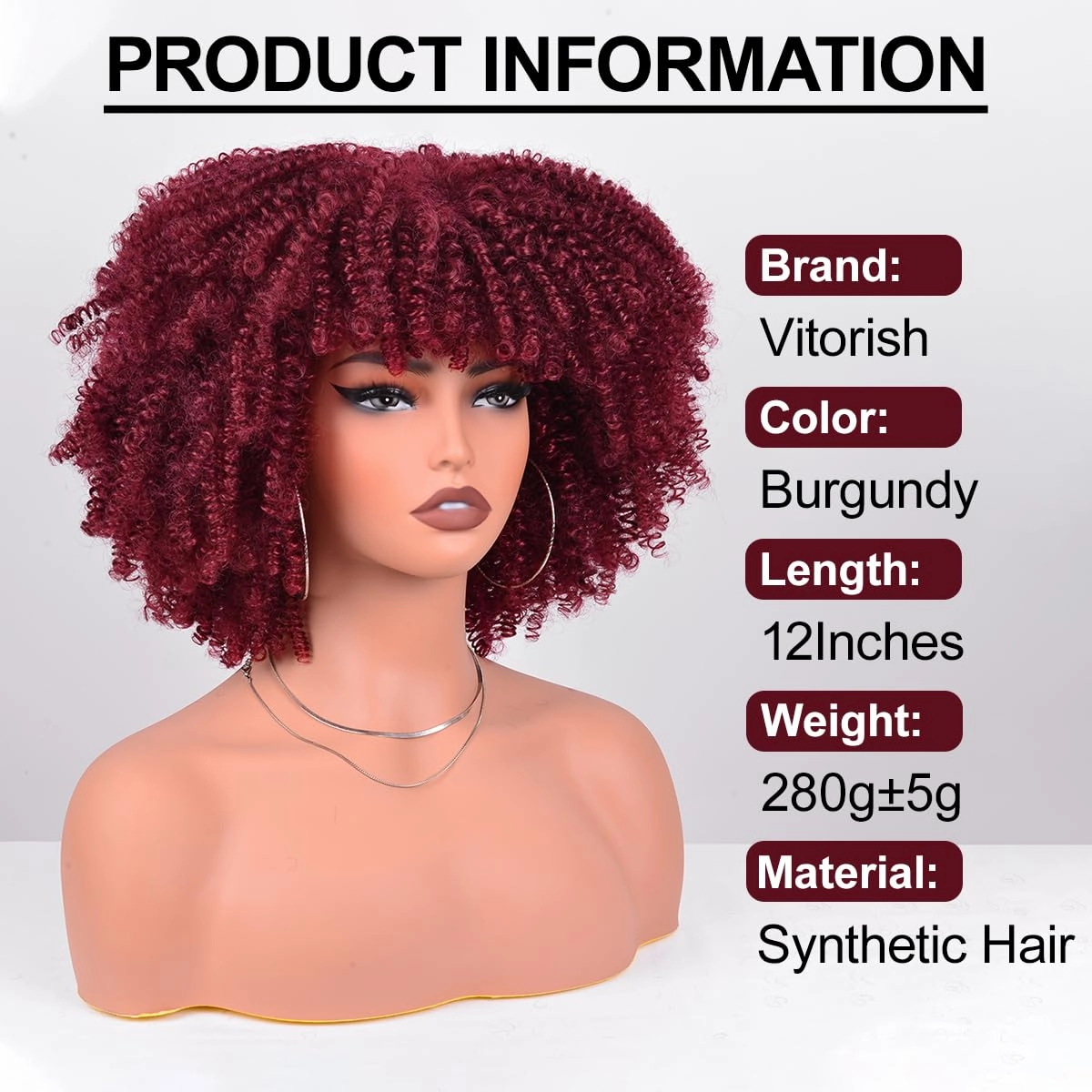 Short Kinky Curly Wigs for Black Women 12 Inches 280g/Piece Curly Afro Wig with Bangs Bouncy Fluffy Synthetic Wig (Burgundy)