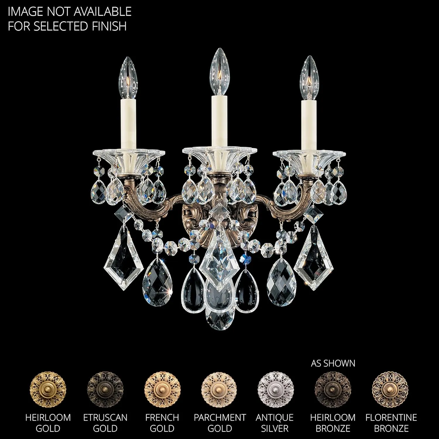 Signature 5002-27S, La Scala 3 Light 15in x 17in Wall Sconce with Round Backplate in Parchment Gold with Clear Swarovski Crystals