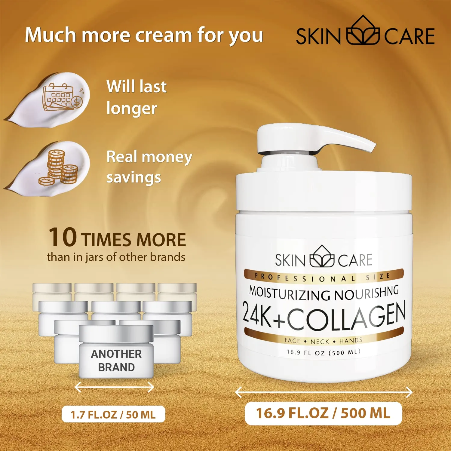 Skin Care 24K Gold & Collagen 3-in-1 Moisturizer Face Cream, Neck and Hands - Treatment for Crepey Texture, Wrinkles and Sagging - Daily Lotion for All Skin Types - 16.9 fl. oz.
