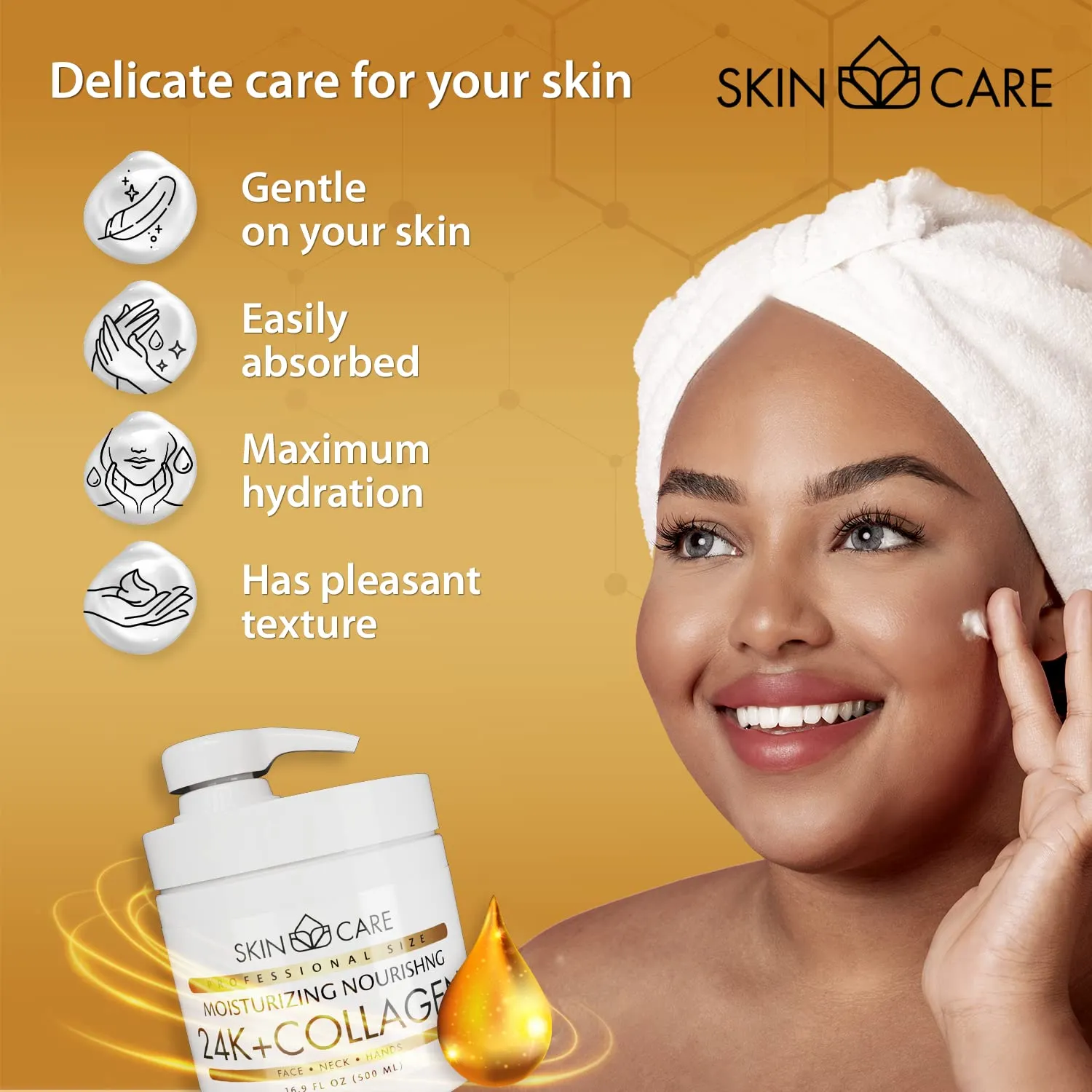 Skin Care 24K Gold & Collagen 3-in-1 Moisturizer Face Cream, Neck and Hands - Treatment for Crepey Texture, Wrinkles and Sagging - Daily Lotion for All Skin Types - 16.9 fl. oz.