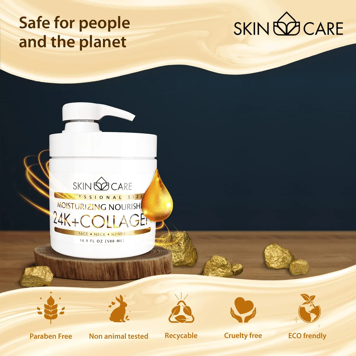 Skin Care 24K Gold & Collagen 3-in-1 Moisturizer Face Cream, Neck and Hands - Treatment for Crepey Texture, Wrinkles and Sagging - Daily Lotion for All Skin Types - 16.9 fl. oz.