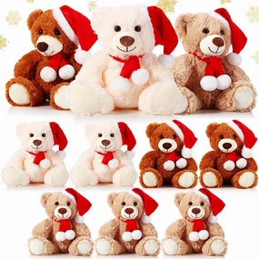 Skylety 10 Pieces Christmas Bears Soft Plush Toy Stuffed Animals Cute Bears for Kids Boys Girls Xmas Holiday Birthday Valentine's Day Baby Shower Party Favor(Khaki, Dark Brown, Beige)