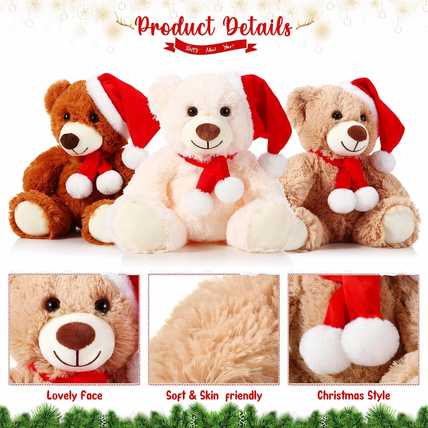 Skylety 10 Pieces Christmas Bears Soft Plush Toy Stuffed Animals Cute Bears for Kids Boys Girls Xmas Holiday Birthday Valentine's Day Baby Shower Party Favor(Khaki, Dark Brown, Beige)