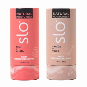 Slo Natural Moisturizing Stick | Organic Lip & Body Balm for Dry Skin | Hydrating, Nourishing, Travel-Friendly | Rose   Vanilla & Cacao   Vanilla | 2 pack (2 x 2.1oz/60g)