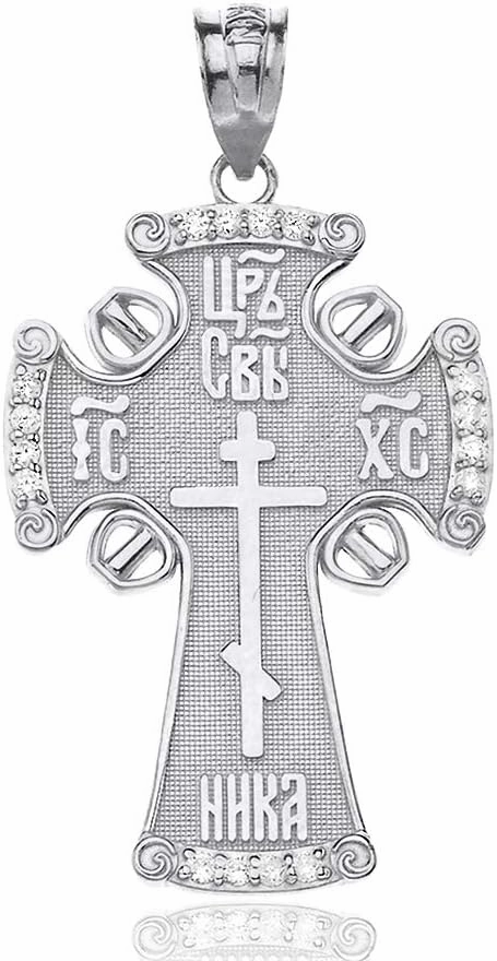 Solid 10k White Gold Diamond Eastern Orthodox IC XC NIKA Cross Pendant