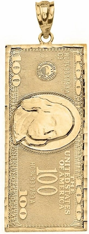 Solid 14k Yellow Gold Benjamin's One Hundred Dollar Bill Pendant (Large)