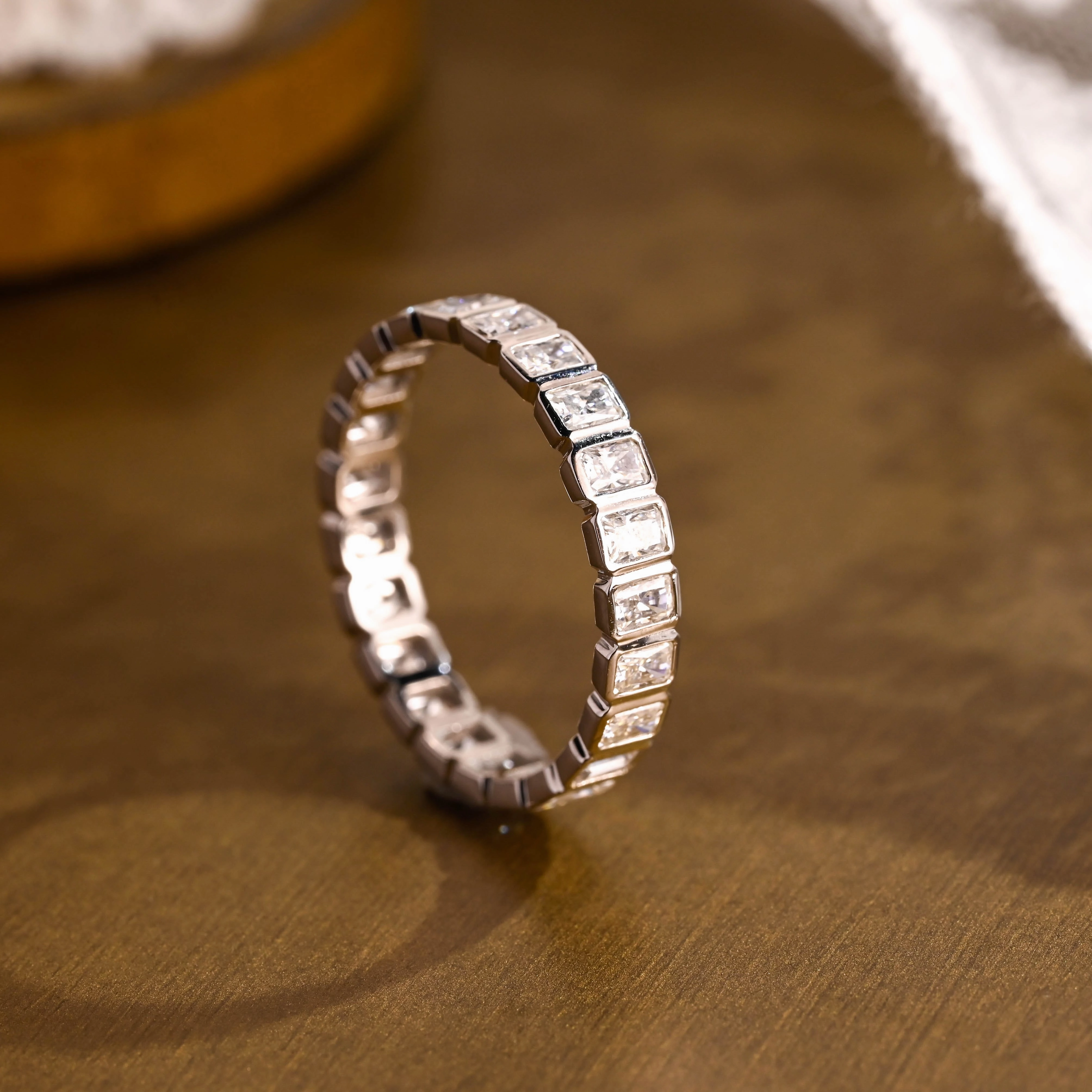 Solid Gold Bezel Radiant Cut Moissanite Wedding Band