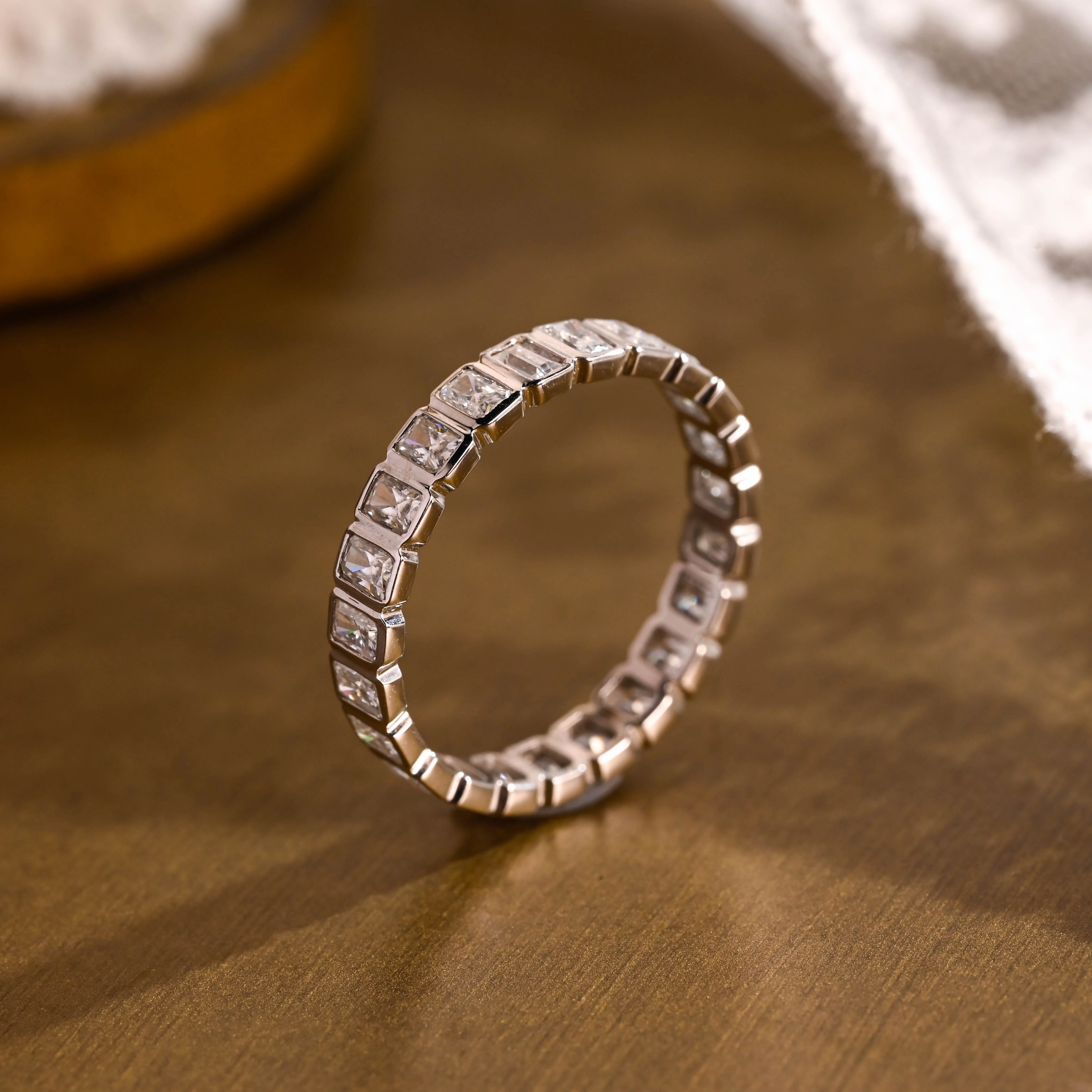 Solid Gold Bezel Radiant Cut Moissanite Wedding Band