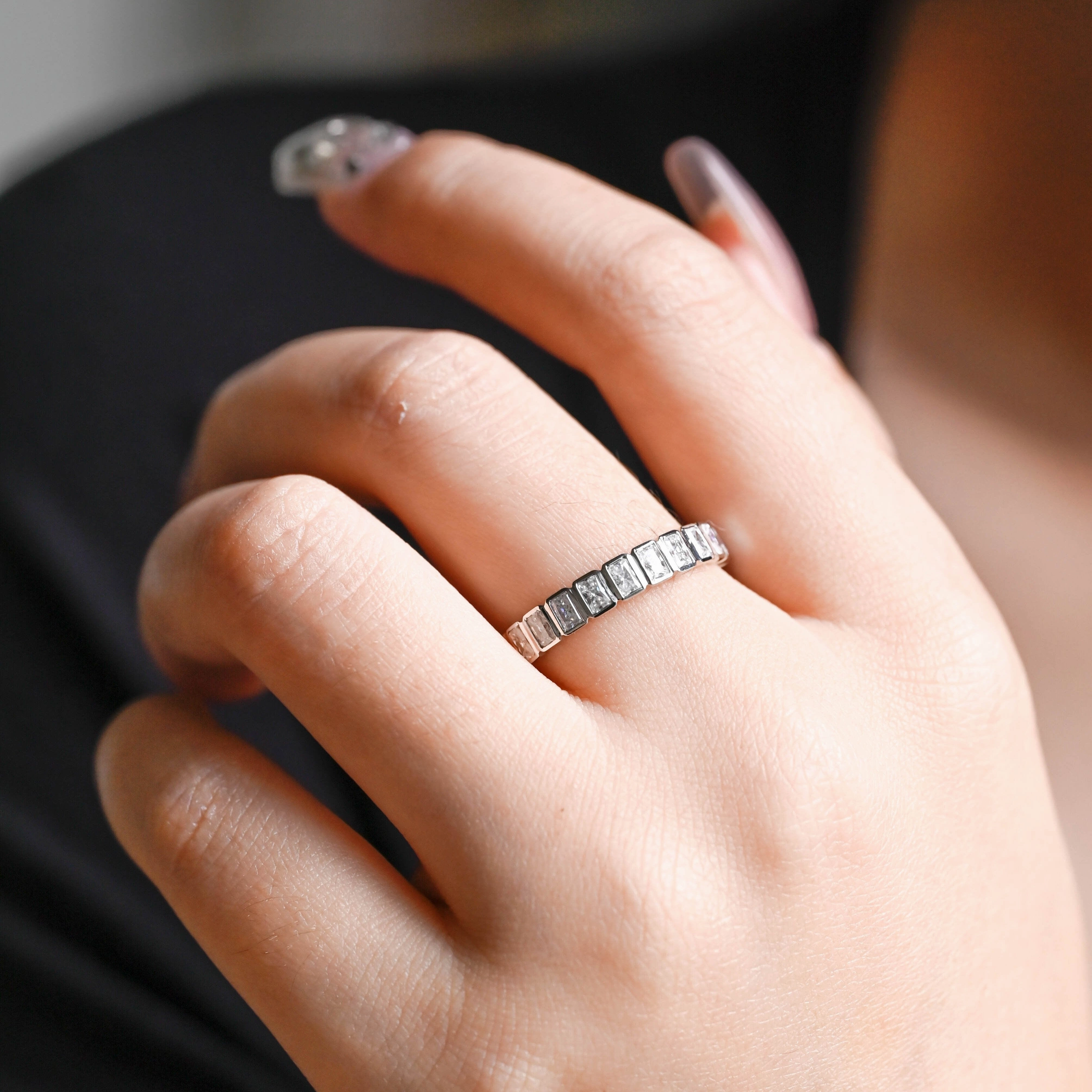 Solid Gold Bezel Radiant Cut Moissanite Wedding Band