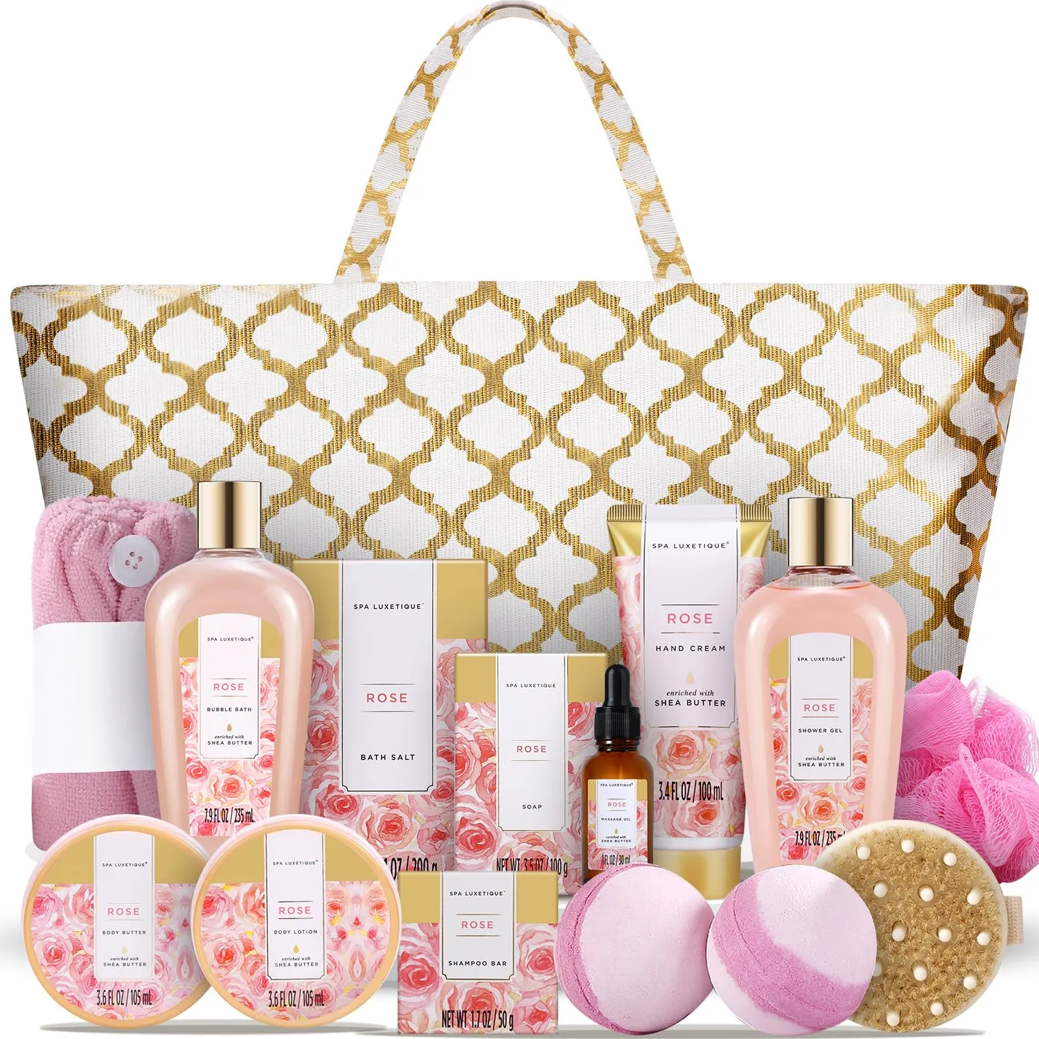 Spa Luxetique Spa Baskets for Women Gift, Gift Basket for Women, 15pcs Rose Spa Sets, Spa Kit Includes Bath Oil, Bath Salt, Bubble Bath, Bath Sets for Women Gift, Mothers Gifts