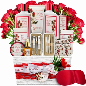 Spa Gifts for Women, Bath and Body Gift Set, Red Rose Gift Basket, 35 Piece Stress Relief Spa Kit, Thank You, Birthday, Mom Gifts with Nail Care Kit, Body Scrub, Bubble Bath, Bath Bomb, Lotions & More
