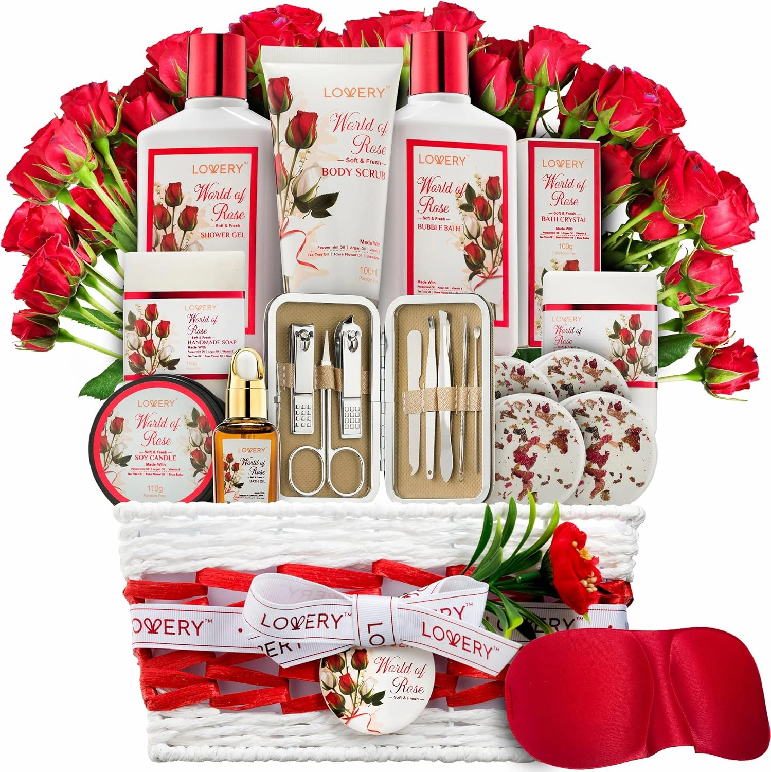 Spa Gifts for Women, Bath and Body Gift Set, Red Rose Gift Basket, 35 Piece Stress Relief Spa Kit, Thank You, Birthday, Mom Gifts with Nail Care Kit, Body Scrub, Bubble Bath, Bath Bomb, Lotions & More